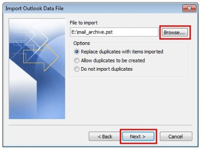 Browse PST file in Outlook 2010