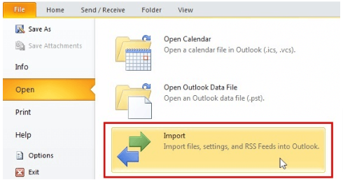 Figure 13: Import option in Outlook 2010