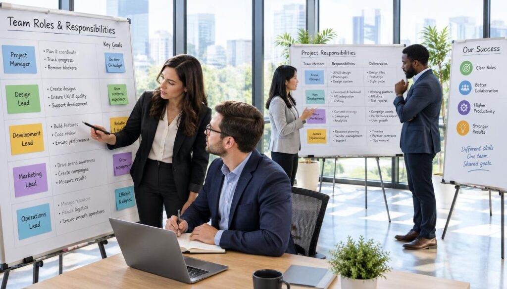 Role Clarity: A Worksheet to Define Ownership and Decision Rights 1 A diverse group of professional team members collaborates in a well-lit office space, mapping responsibilities on separate, large charts placed on easels around the room. In the foreground, focus on one woman, dressed in smart business attire, pointing at a chart, while a man beside her takes notes on a laptop, fully engaged. In the middle, two other colleagues, one of Asian descent and the other Black, are deep in discussion over another chart, analyzing their roles with clear determination. The background shows large windows letting in natural light, creating a bright and inspiring atmosphere. The overall mood is collaborative and focused, emphasizing clarity and teamwork in defining roles and responsibilities. The angle captures a wide view of the workspace, highlighting the dynamic interaction between team members without any distractions.