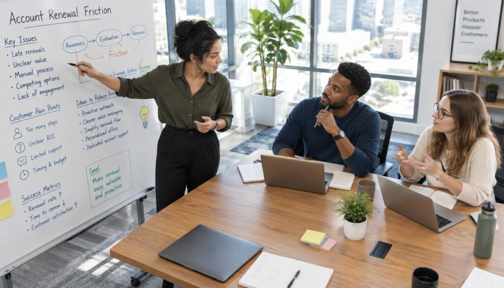 A diverse product team, composed of three professionals—two women and one man—collaborating around a large modern conference table, with laptops and notepads scattered about. Their attire is smart-casual, reflecting professionalism. In the foreground, one team member points at a whiteboard filled with notes and diagrams that highlight issues related to account renewal friction. In the middle, a focused interaction unfolds, showcasing engaged discussions and idea generation. The background features a bright, contemporary office space with large windows letting in soft, natural light, adding an uplifting and productive atmosphere. The overall mood is one of teamwork, problem-solving, and collaboration, captured from a slightly elevated angle to show the collaborative dynamic.