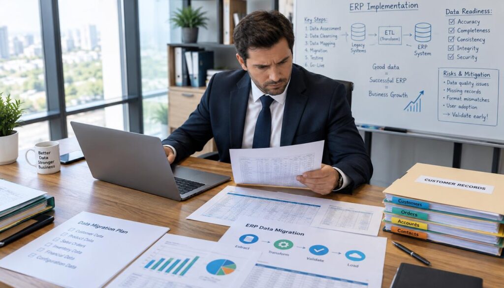 A focused business owner, dressed in a smart dark suit, seated at a modern wooden desk, intently reviewing customer records on a laptop and printed documents. On the desk, scattered files and charts represent data migration for an ERP system. In the background, a sleek office space features a whiteboard filled with diagrams and notes. Soft, natural light streams in through large windows, creating a calm and productive atmosphere. The image is captured from a slightly elevated angle to showcase the owner’s concentration on the task. The scene conveys a sense of urgency and professionalism, highlighting the importance of thorough data preparation for successful ERP implementation.