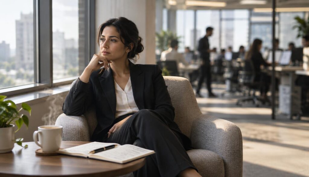 Founder Burnout: Business Warning Signs and a Workload Reset 1 A focused founder in professional business attire sitting alone on a comfortable chair in a softly lit, serene corner of an office. The foreground features a steaming cup of coffee on a small table next to them, with an open notebook and a pen, symbolizing reflection and planning. In the middle ground, large windows let in gentle, diffused daylight, casting soft shadows around the room. The background showcases a blurred bustling office with employees engaged in work, hinting at the busy atmosphere outside this tranquil space. The mood is calm and introspective, highlighting the importance of taking a moment of pause amidst a demanding work environment. The angle captures both the founder's thoughtful expression and the contrasting hustle behind them, creating a visual narrative of balance and mindfulness.