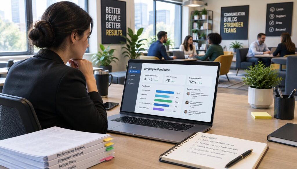 AI for Performance Reviews: Useful Prompts and a Manager Workflow 1 A focused manager, dressed in professional business attire, is sitting at a modern office desk surrounded by digital devices, as they thoughtfully examine employee feedback displayed on a sleek laptop screen. In the foreground, a stack of organized papers and a notepad with neatly written notes lay beside them. The middle ground features an inspirational office environment, with motivational posters on the walls, an indoor plant, and a large window allowing soft, natural light to illuminate the scene. The background showcases a few engaged employees discussing in small groups, contributing to a collaborative atmosphere. The mood is calm yet productive, emphasizing the importance of effective communication and organization in performance reviews. The image is captured from a slightly elevated angle to provide a comprehensive view of the vibrant workspace.