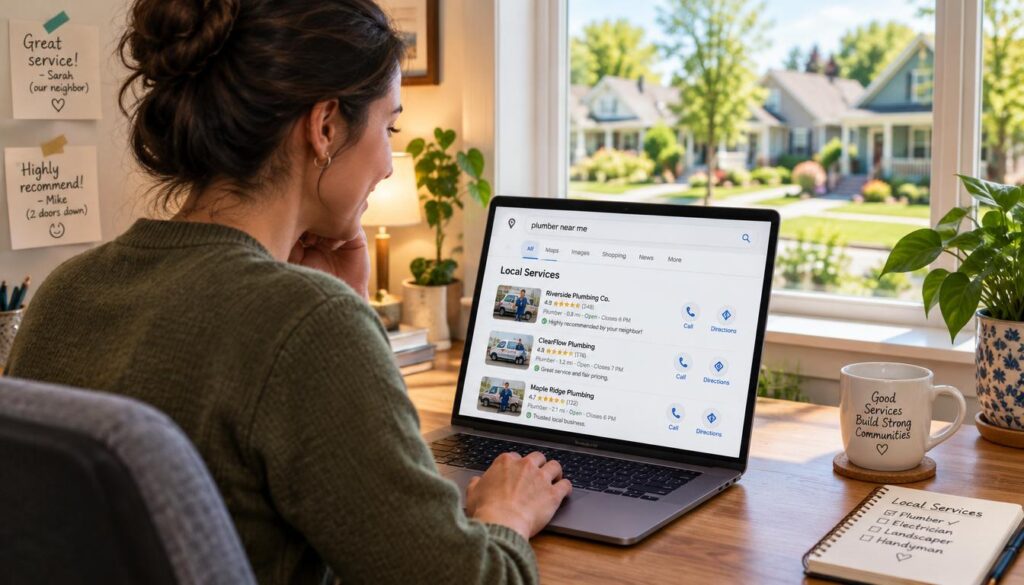 A friendly customer, wearing smart casual clothing, sits at a modern home office desk, intently browsing on a laptop. In the foreground, the laptop screen displays search results for local services, illuminated by the soft glow of ambient lighting. The middle layer features a window with natural daylight streaming in, highlighting a cozy, tidy room adorned with houseplants and a few referral notes taped to the wall. In the background, a colorful neighborhood scene is visible through the window, showcasing green lawns and tidy houses, suggesting a welcoming community. The mood is one of satisfaction and motivation, evoking the excitement of discovering quality local services through a neighbor's recommendation. The composition is well-balanced, with a focus on the customer and the laptop, framed by the warm, inviting atmosphere of home.