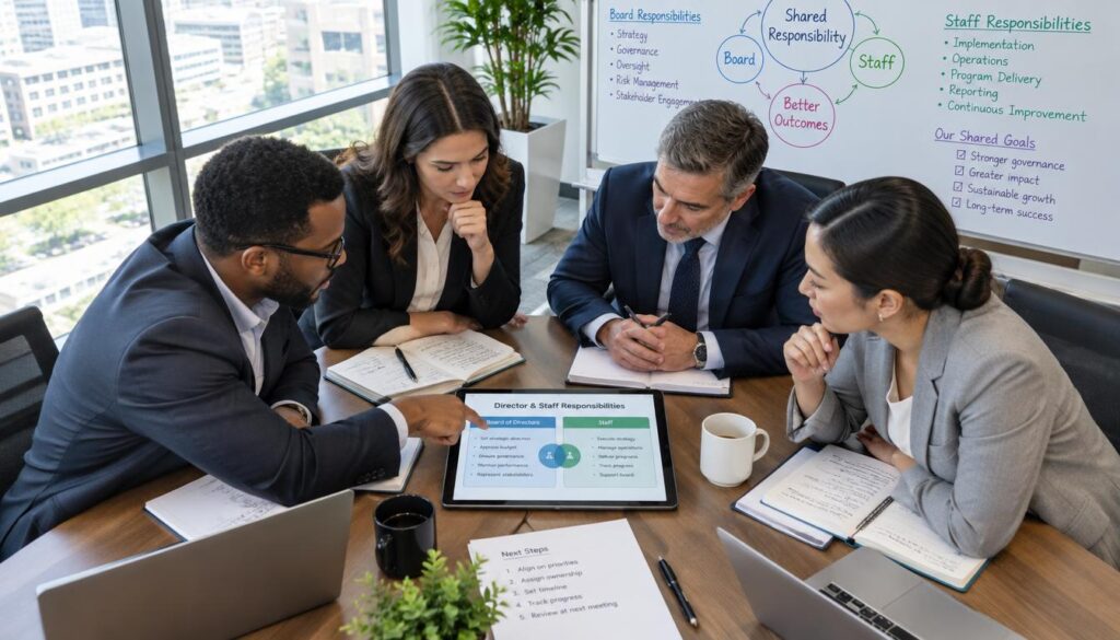 Founder Syndrome: Recognize Bottlenecks and Share Decision-Making 1 A group of diverse board members, consisting of four professionals in formal business attire, are seated around a sleek, modern conference table. In the foreground, one member points to a tablet displaying a chart, illustrating director and staff responsibilities, while others lean in, engaged and discussing. The middle ground features a large window with natural light pouring in, creating a bright and welcoming atmosphere. Behind them, a whiteboard is filled with colorful diagrams and lists. The overall mood is collaborative and focused, with a subtle air of urgency. The scene is captured from a slight overhead angle, highlighting the dynamics of teamwork and decision-making in a corporate setting, emphasizing the importance of shared responsibility.