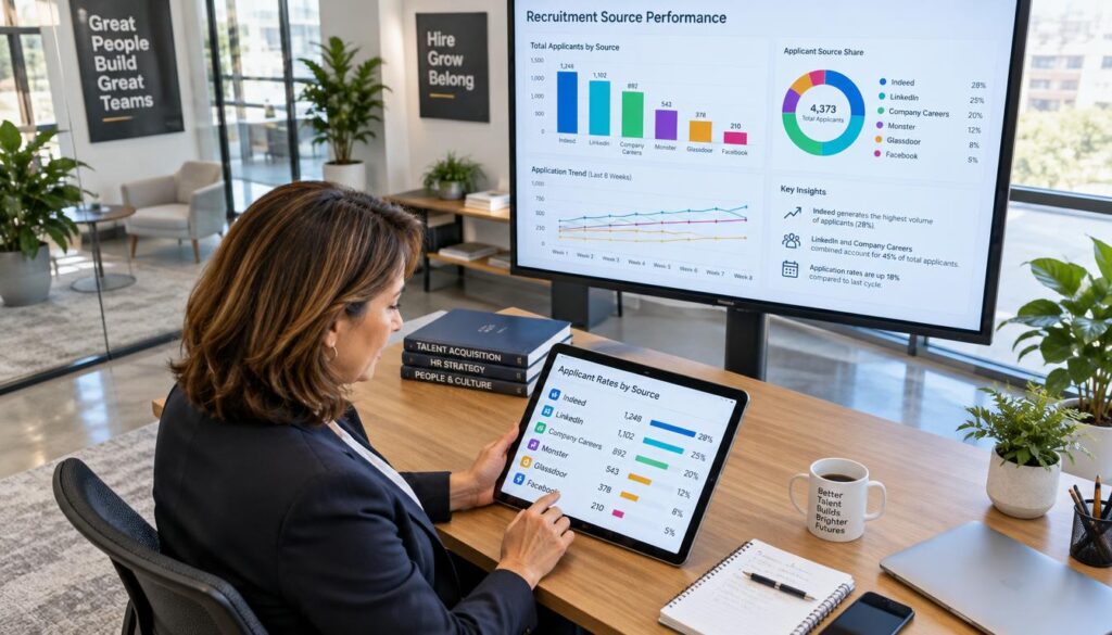 Recruitment Marketing Funnel: Stages, Metrics and a Worked Example 1 A hiring manager in a modern office setting compares applicant rates across various job sources using a sleek tablet. In the foreground, the manager, a middle-aged woman in professional business attire, looks focused and engaged. In the middle ground, a large digital screen displays colorful graphs and charts showcasing applicant statistics. The background features a contemporary office environment with glass walls, plants, and motivational posters. Natural light streams through the windows, creating a bright and inviting atmosphere. The angle is slightly elevated, giving a bird's-eye view of the desk, highlighting the technological tools at the manager's disposal. The mood is positive and focused, reflecting a professional recruitment process.