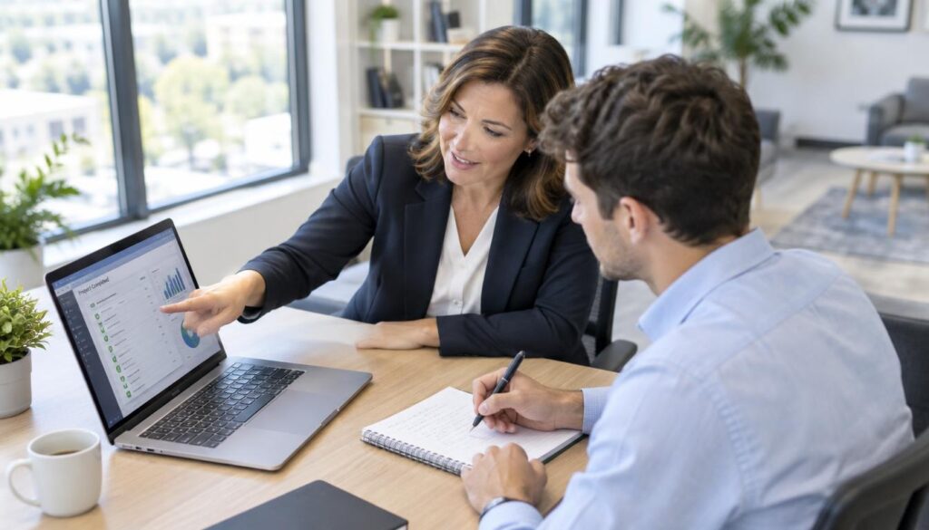 Task Delegation: A Practical Guide, Brief Template and Examples 1 A manager and a team member are sitting together at a modern office table, reviewing completed work on a laptop screen. In the foreground, the manager, a middle-aged woman in a smart blazer, points to the screen with an engaged expression, while the team member, a young male in a collared shirt, takes notes on a notepad, showing attentiveness. In the background, a well-organized office environment with bright, natural light streaming through large windows creates a vibrant atmosphere. The scene is framed using a slight overhead angle, emphasizing collaboration and teamwork, with soft focus on the backgrounds to enhance the connection between the two subjects. The overall mood is focused and professional, reflecting a productive discussion.