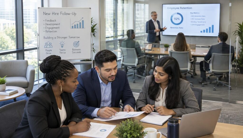 A professional business environment showcasing a diverse group of new hires engaged in a structured follow-up session. In the foreground, there are three individuals, a Black woman, a Hispanic man, and a South Asian woman, dressed in smart business attire, attentively reviewing documents and discussing amongst themselves. In the middle background, a glass-walled conference room contains a facilitator, an older Caucasian man, guiding a presentation on a screen, illustrating employee retention metrics. Soft, natural lighting floods the space through large windows, creating an inviting and focused atmosphere. The room is filled with modern furnishings, and a whiteboard displays charts and graphs. The perspective is from slightly above, capturing both the engaged participants and the facilitator, providing a sense of collaboration and professionalism.