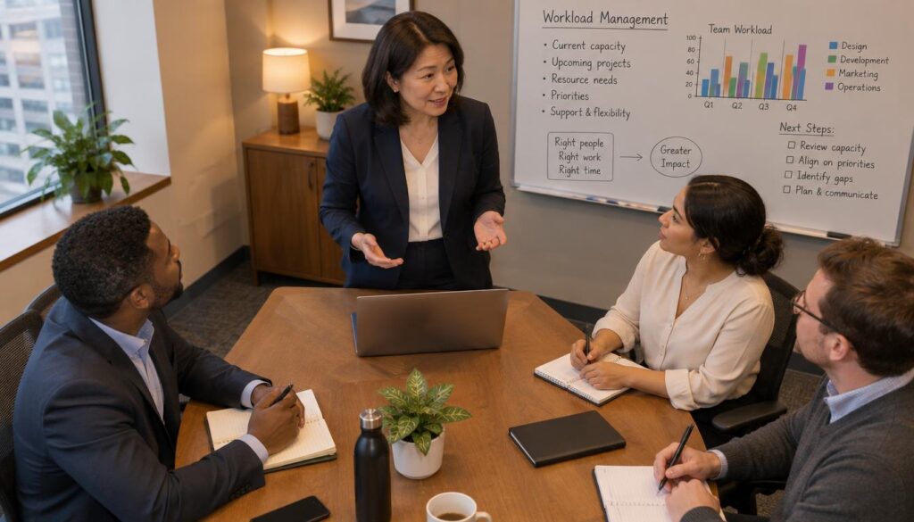 A professional manager, a middle-aged Asian woman in a smart blazer, stands at a conference room table with a laptop open, looking attentive and engaged as she asks her team about their schedule and workload needs. The foreground features a diverse team of three employees, seated and attentive—one Black male in a business suit, one Hispanic female in a blouse, and one Caucasian male in business casual, each holding notepads and pens, ready to discuss. The middle of the room is filled with muted, warm lighting to create an inviting atmosphere, and a whiteboard in the background displays charts and notes related to workload management. The image should convey a collaborative and supportive mood, emphasizing open communication in a professional setting. The angle captures the scene from slightly above, giving an overview of the discussion dynamic.