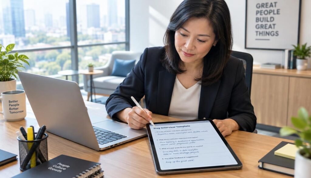 20 Stay Interview Questions and a Follow-Up Template 1 A professional manager in a modern office setting, diligently recording feedback in a stay interview template. The foreground features the manager, a middle-aged Asian woman, wearing smart business attire, focused on a sleek laptop and taking notes on a digital tablet. In the middle ground, a well-organized desk with a few office supplies and a motivational poster on the wall. The background showcases a bright, airy office with large windows allowing natural light to flood in, creating a warm and inviting atmosphere. The scene conveys a mood of productivity and engagement, with soft diffused lighting enhancing the focus on the manager’s thoughtful expression. The angle captures a slightly overhead perspective, emphasizing the interaction and the filled-out template on the tablet.