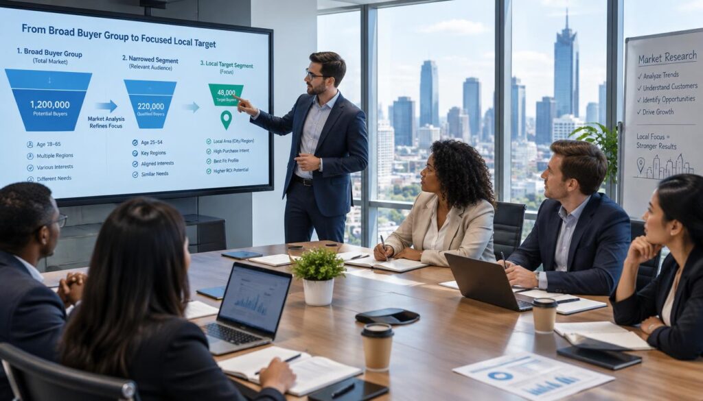 Industry vs. Market Analysis: Differences, Examples and a Template 1 A professional setting depicting market analysis, featuring a diverse group of business professionals in smart attire gathered around a large conference table. In the foreground, a male analyst points to a detailed graph on a digital screen illustrating the narrowing of a broad buyer group to a focused local target segment. The middle ground shows colleagues engaged in discussion, one woman taking notes. In the background, a large window displays a city skyline, symbolizing the local market focus. The lighting is bright and focused, creating a sense of clarity and insight. The mood is analytical and collaborative, highlighting teamwork and strategic planning in market research.