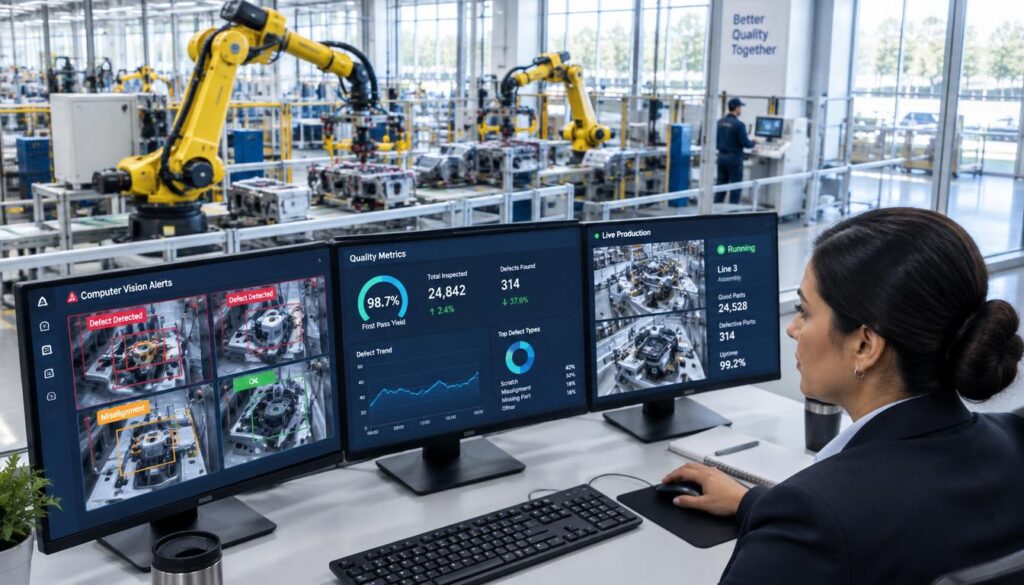 12 AI in Business Examples With Practical Uses and Human Checks 1 A quality operator, dressed in smart business attire, intently reviews computer vision alerts on a sleek computer interface within a modern production line environment. In the foreground, the operator, a middle-aged Hispanic woman, is focused on the multiple screens displaying real-time analytics and quality metrics. In the middle ground, robotic arms and machines are engaged in precise assembly tasks, symbolizing advanced automation. The background features a bright, well-lit factory setting with large glass windows allowing natural light to flood in, enhancing the clarity and focus of the scene. The atmosphere is one of concentration and efficiency, with an emphasis on the synergy between human expertise and technology. The overall composition leverages a slightly elevated angle to showcase both the operator and the machinery effectively.