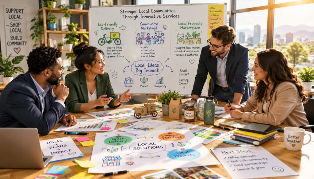 Business Concept: Definition, Examples and a One-Page Template 1 A vibrant workspace illustrating hypothetical business concepts for local services and products. In the foreground, a diverse group of professionals—two men and two women—dressed in smart business attire, brainstorm around a large table covered with colorful charts, diagrams, and product prototypes. The middle ground features a creatively designed whiteboard filled with sketches and ideas for innovative local services, like eco-friendly delivery or community workshops. In the background, large windows let in warm sunlight, casting soft shadows across the room, enhancing a collaborative and dynamic atmosphere. The setting is modern and inviting, suggesting a startup culture that fosters creativity and teamwork. The overall mood is optimistic and energetic, emphasizing innovation and community engagement.