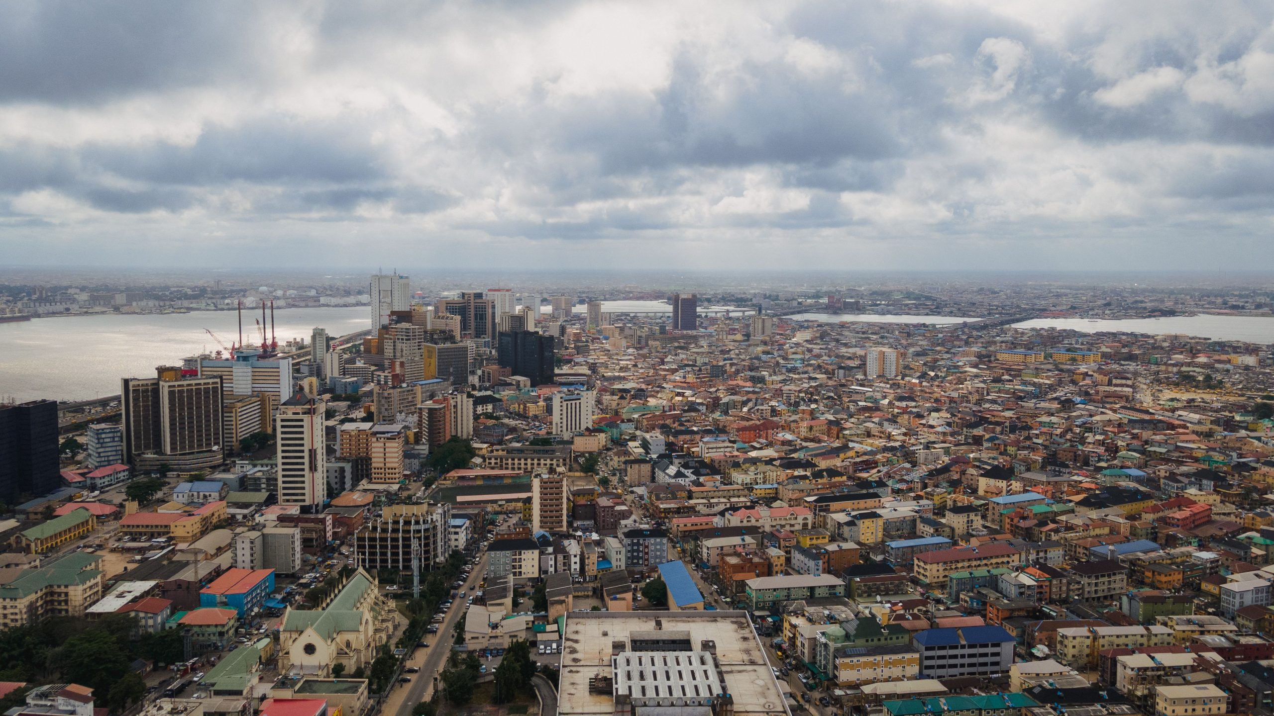 Aerial view of buildings and the waterfront in Lagos